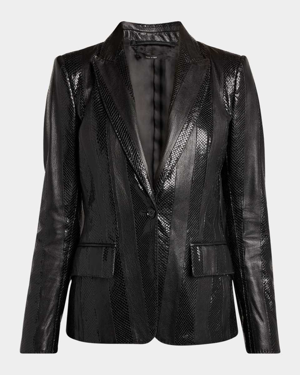 Striped Patchwork Leather Single-Breasted Jacket
